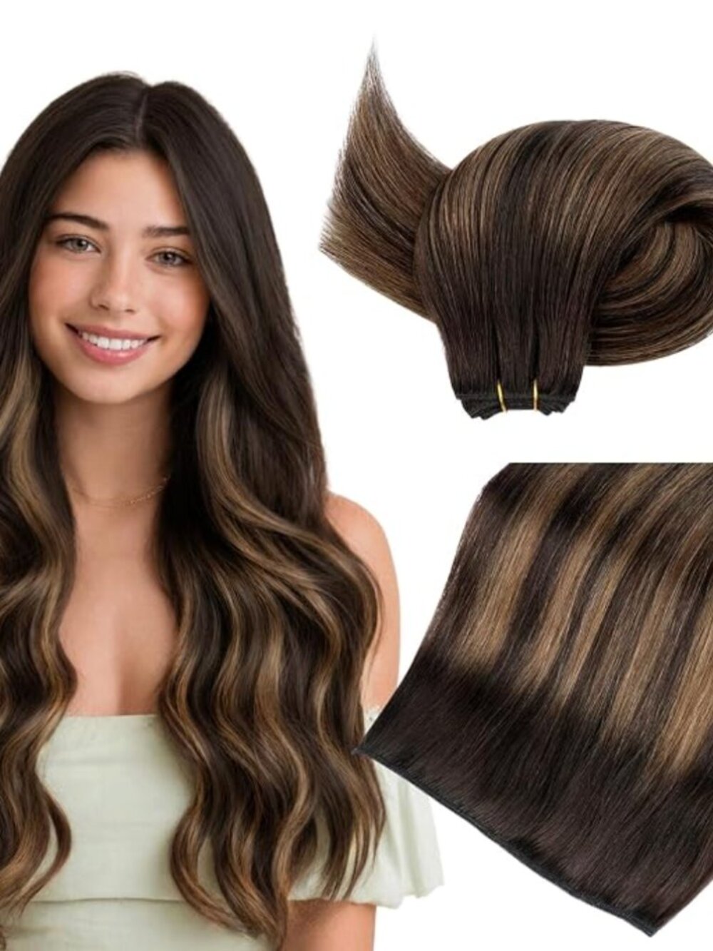 HOTBANNANA Weft Hair Extensions Human Hair, Full Head Thick 14 Inch 80g #2/6/2 B